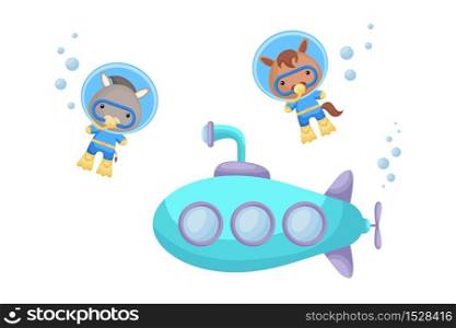 Cute cartoon donkey and horse in diving suit swim underwater near submarine. Design of t-shirt, album, card, invitation. Flat vector illustration isolated on white background.