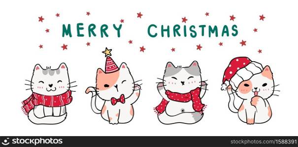 cute cartoon doodle kitten cat banner in winter christmas costume, merry christmas word and stars in background, idea for banner, greeting card, printable, wall art, nursery art