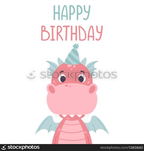 Cute cartoon dragon. Festive toothy smiling pink funny dinosaur with blue wings. Scandinavian style. Happy birthday greeting card. Vector illustration for kids wall art. Nursery print.