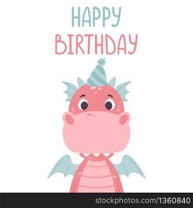 Cute cartoon dragon. Festive toothy smiling pink funny dinosaur with blue wings. Scandinavian style. Happy birthday greeting card. Vector illustration for kids wall art. Nursery print.