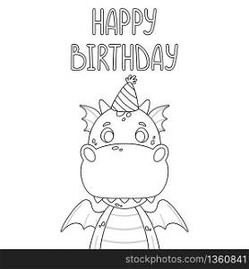 Cute cartoon dragon. Festive toothy smiling pink funny dinosaur with blue wings. Scandinavian style. Happy birthday greeting card. Vector illustration for coloring book. Outline picture.