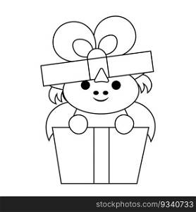 Cute cartoon Dragon in celebration gift box in black and white