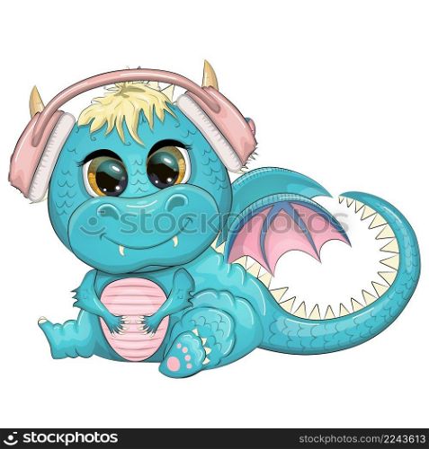 Cute cartoon dragon in headphones listens to music. Symbol of 2024 according to the Chinese calendar. Cute cartoon green dragon in headphones listens to music. Symbol of 2024 according to the Chinese calendar.