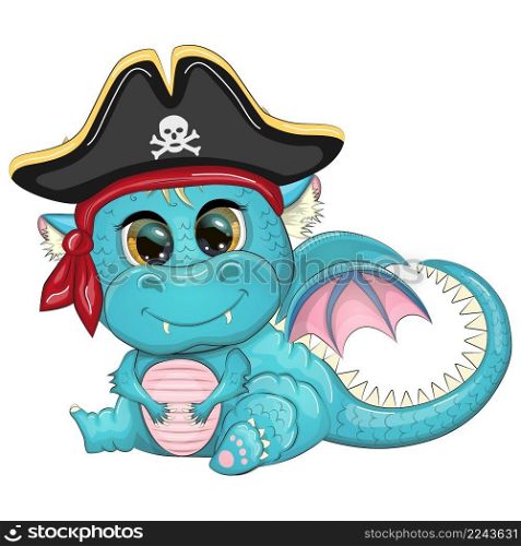 Cute cartoon dragon pirate in a cocked hat. Symbol of 2024 according to the Chinese calendar. Cute cartoon green dragon pirate in a cocked hat. Symbol of 2024 according to the Chinese calendar.