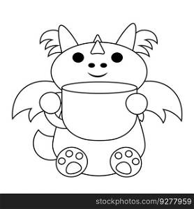 Cute cartoon dragon with large mug in black and white