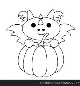 Cute cartoon dragon with pumpkin in black and white