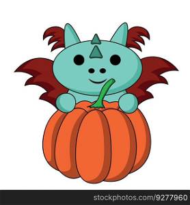 Cute cartoon dragon with pumpkin in color