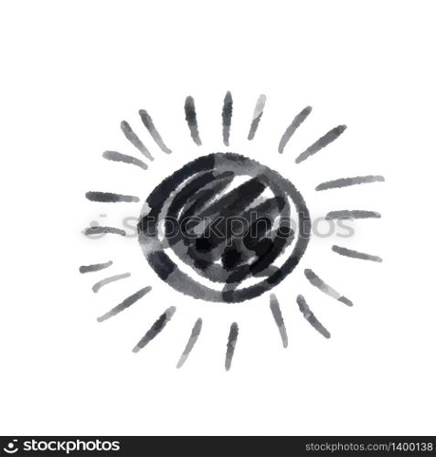 Cute cartoon drawing sun . Vector black and white symbol. Isolated hand drawn monochrome doodle icon on white background.