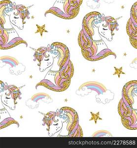 Cute cartoon dreaming unicorn head with golden mane, stars and rainbow on white background. Seamless pattern. Vector illustration. For print, wrapping paper, linen, design and decor.. Seamless pattern cute unicorn with golden mane