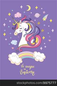 Cute cartoon dreaming unicorn. Vector illustration isolated on purple background. Birthday, party concept. For sticker, embroidery, design, decoration, print, t-shirt and dishes. Cute cartoon unicorn vector illustration dreaming purple