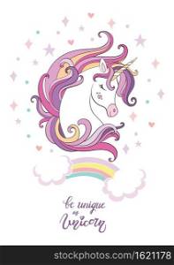Cute cartoon dreaming unicorn. Vector illustration isolated on white background. Birthday, party concept. For sticker, embroidery, design, decoration, print, t-shirt and dishes. Cute cartoon unicorn vector illustration poster white