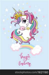 Cute cartoon dreaming unicorn with rainbow. Vector illustration isolated on blue background. Birthday, party concept. For sticker, embroidery, design, decoration, print, t-shirt and dishes. Cute cartoon unicorn vector illustration dreaming blue