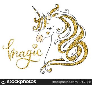 Cute cartoon dreaming unicorn with text Magic. Vector llustration golden and white colors isolated on white. For sticker, design, decoration, print, baby shower, t-shirt, dishes and kids apparel. Dreaming cartoon unicorn vector illustration golden and white