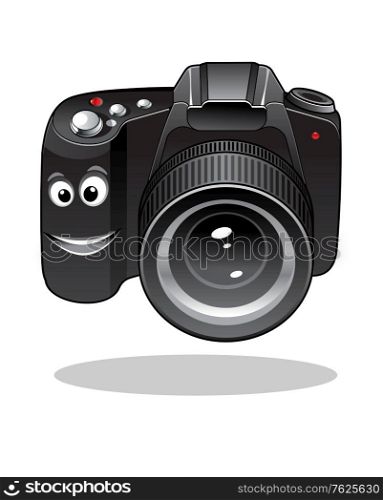 Cute cartoon DSLR or digital camera icon with a happy smiley face isolated on white background. Cute cartoon DSLR or digital camera