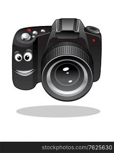 Cute cartoon DSLR or digital camera icon with a happy smiley face isolated on white background. Cute cartoon DSLR or digital camera