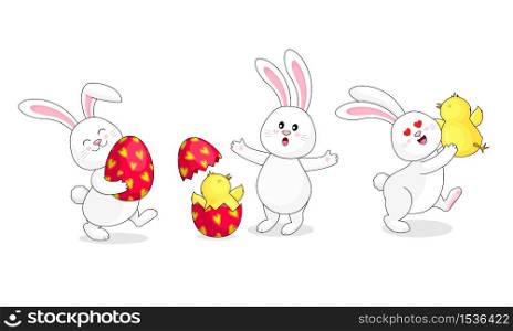 Cute cartoon Easter bunny, character design. Three different poses with egg and little chick. Easter holiday concept. Vector illustration isolated on white background.