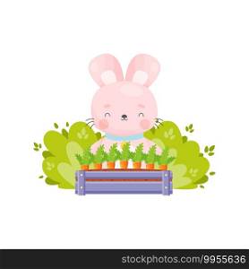 Cute cartoon Easter bunny grows carrots. Vector illustration.