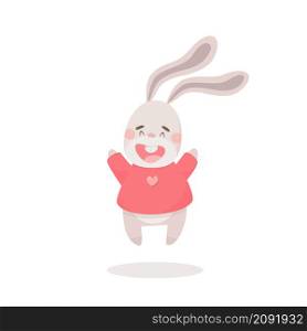 Cute cartoon easter bunny jumping happy up vector illustration on white background. Cute cartoon Easter bunny isolated vector Illustration on a white background