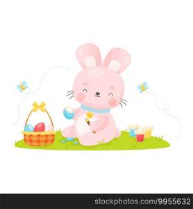 Cute cartoon Easter bunny painting eggs. Vector illustration.