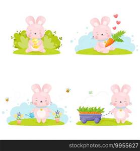 Cute cartoon Easter bunny set. Vector illustration.