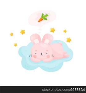 Cute cartoon Easter bunny sleeping on the fluffy cloud and dreames about a carrot. Vector illustration.
