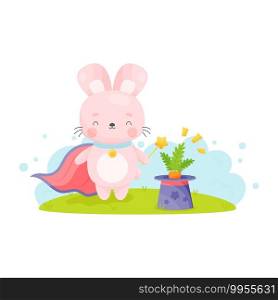 Cute cartoon Easter bunny with magic wand gets out carrot from the hat . Vector illustration.