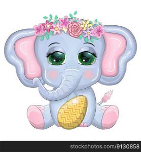 Cute cartoon elephant, childish character with beautiful eyes holding easter egg.. Cute cartoon elephant, childish character with beautiful eyes holding easter egg