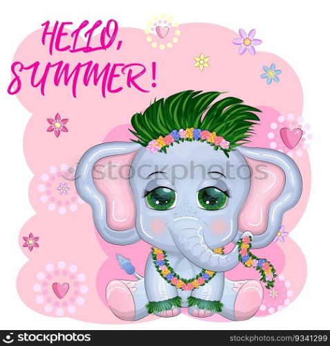 Cute cartoon elephant, childish character with beautiful eyes in Hawaiian costume, beach and vacation.. Cute cartoon elephant, childish character with beautiful eyes in Hawaiian costume, beach and vacation