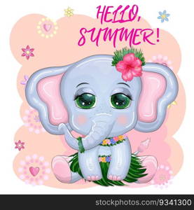 Cute cartoon elephant, childish character with beautiful eyes in Hawaiian costume, beach and vacation.. Cute cartoon elephant, childish character with beautiful eyes in Hawaiian costume, beach and vacation