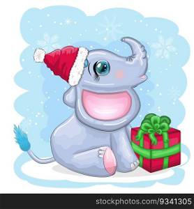 Cute cartoon elephant, childish character with beautiful eyes wearing santa hat, scarf, holding gift, christmas ball or candy cane. The concept of the holiday of Christmas and New Year. Cute cartoon elephant, childish character with beautiful eyes wearing santa hat, scarf, holding gift, christmas ball