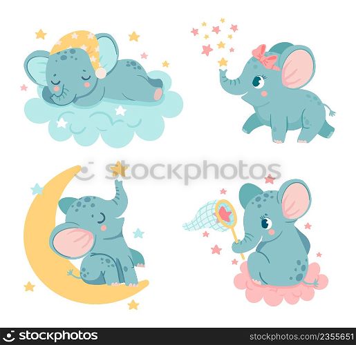 Cute cartoon elephants. Baby characters dreaming, sleeping on fluffy cloud. Adorable animal sitting on moon and catching stars. Happy kids in bedtime, fairy tale isolated vector set. Cute cartoon elephants. Baby characters dreaming, sleeping on fluffy cloud. Adorable animal sitting on moon