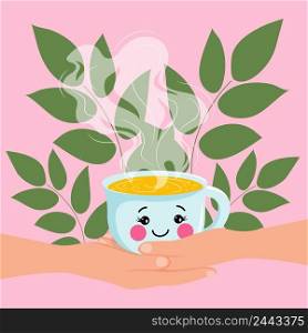 Cute cartoon Emoji cup with tea in fema≤hands on a background of green plants. Human hands hold a cup of hot tea. Freshly brewed herbal drink. Vector illustration.. Cute cartoon Emoji cup with tea in fema≤hands