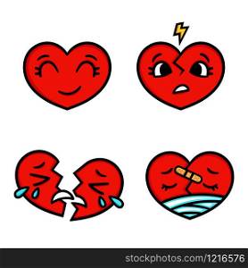 Cute cartoon emoticon hearts set, happy, sad, broken. Doodle style vector heart illustration. Isolated on white background. Heart collection. Emoticons. Emoji. Love symbol.