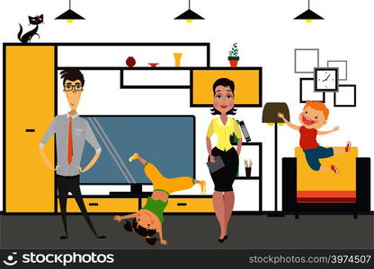 Cute cartoon family - mom, dad,daughter and son in home interior.Vector illustration.. Cute cartoon family - mom, dad,daughter and son in home interior