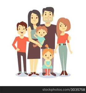 Cute cartoon family vector characters in casual clothes. Cute cartoon family mom and dad, vector characters family in casual clothes, father and mother with children. Illustration of big happy family