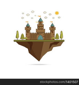 Cute cartoon fantasy fairytale castle in a landscape of a rolling hills vector Illustration