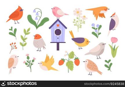 Cute cartoon flat birds clipart. Bird and birdhouse, leaves, flowers and garden berries. Forest and gardening elements, springtime racy vector set of birdhouse cartoon illustration. Cute cartoon flat birds clipart. Bird and birdhouse, leaves, flowers and garden berries. Forest and gardening elements, springtime racy vector set