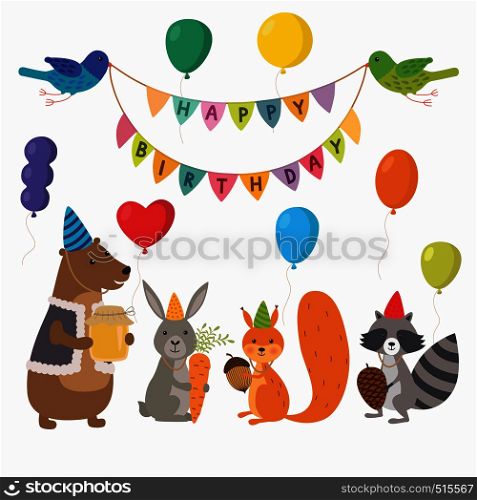 Cute cartoon forest animals illustration for birthday card template