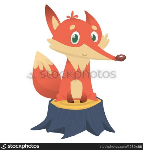 Cute cartoon fox character standing on the stump. Vector illustration