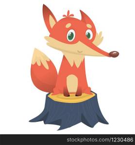 Cute cartoon fox character standing on the stump. Vector illustration