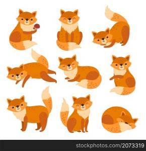 Cute cartoon fox. Forest foxes, red animals with fluffy tails. Flat foxy character running or standing, isolated wildlife symbols exact vector set. Forest fox mascot, funny mammal illustration. Cute cartoon fox. Forest foxes, red animals with fluffy tails. Flat foxy character running or standing, isolated wildlife symbols exact vector set