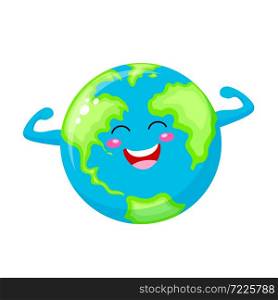 Cute cartoon funny strong globe character. Vector illustration isolated on white background.