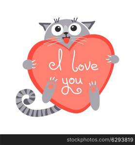 Cute cartoon ginger cat with heart and declaration of love. Vector illustration.