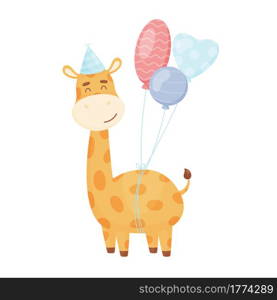 Cute cartoon giraffe character with air balloons. Birthday card. vector illustration