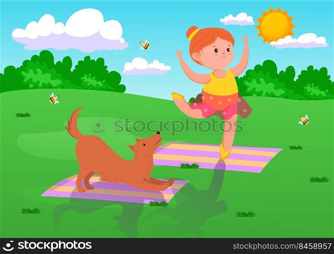 Cute cartoon girl doing yoga with dog outdoors. Female child on yoga mat doing exercises and poses, domestic animal looking at owner flat vector illustration. Yoga, pets, healthy lifestyle concept
