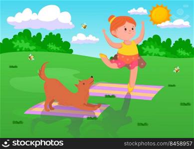 Cute cartoon girl doing yoga with dog outdoors. Female child on yoga mat doing exercises and poses, domestic animal looking at owner flat vector illustration. Yoga, pets, healthy lifestyle concept