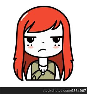 Cute cartoon girl with angry face. Vector illustration of a sad girl.