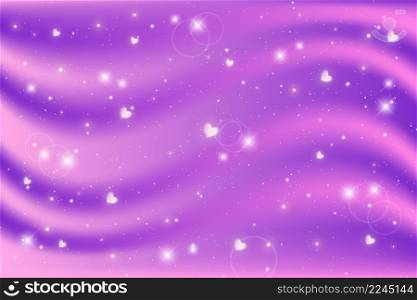 Cute cartoon girly background. Lilac waves with bokeh and hearts for Valentine day decoration. Fantasy background. Vector.