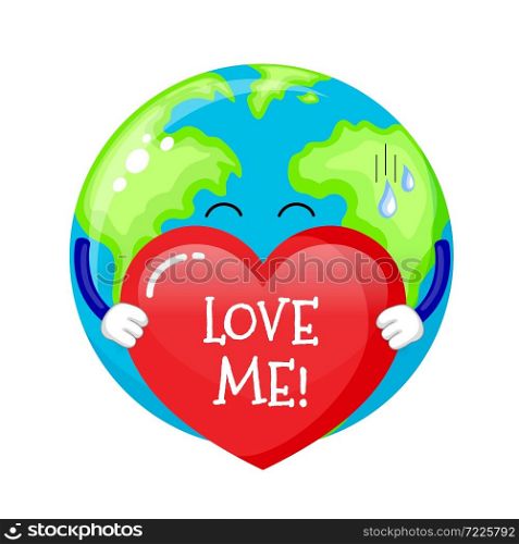 Cute cartoon globe characters hold red heart. Love me concept. Vector illustration isolated on white background.