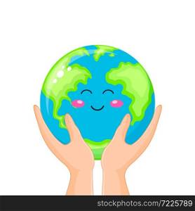 Cute cartoon globe characters with human hands. Save the earth concept. Vector illustration isolated on white background.